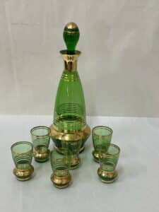 Green and gold glass decanter set