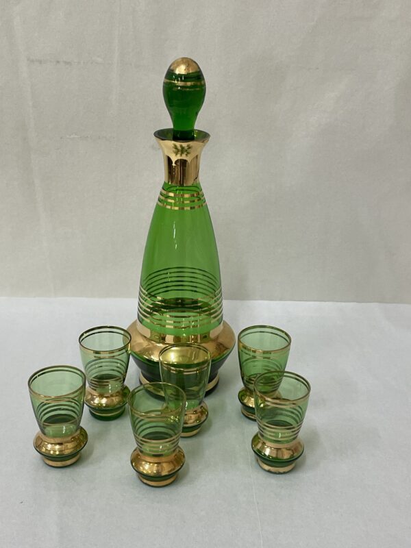 Green and gold glass decanter set